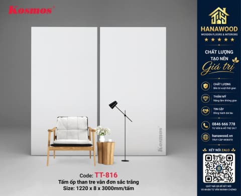 Tấm Ốp Tường Than Tre Kosmos TT-816 Đơn Sắc Trắng tối giản tinh khôi