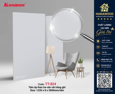 Ốp Tường Tấm Ốp Than Tre Kosmos TT-824 Vân Vải Trắng Ghi trang nhã