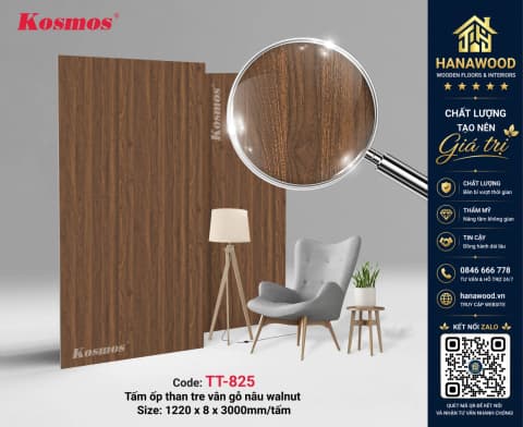 Tấm Ốp Đa Năng Sợi Than Tre Kosmos TT-825 Vân Gỗ Nâu Walnut đẳng cấp