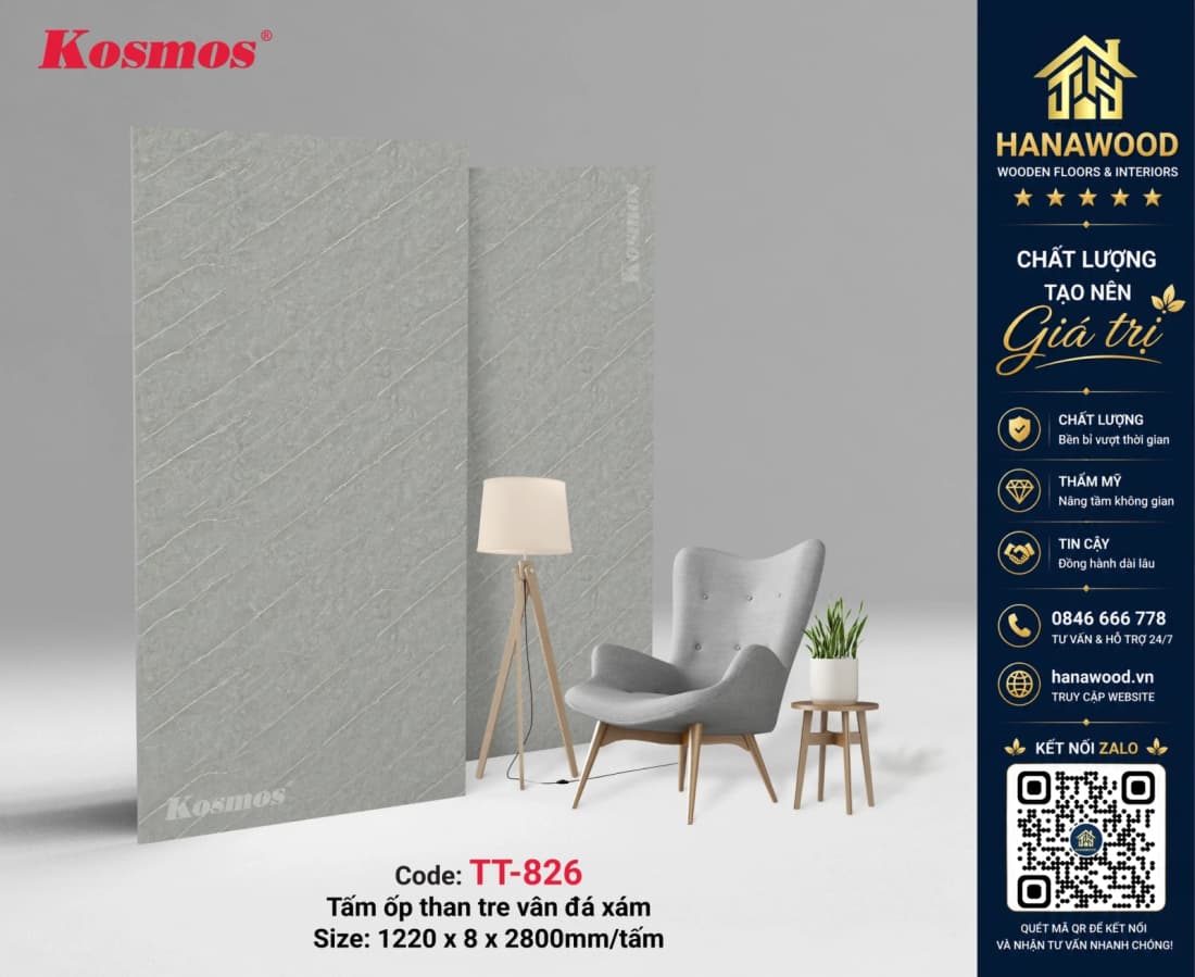 Tấm Ốp Sợi Than Tre Kosmos TT-826 Vân Đá Xám tự nhiên cách âm tốt