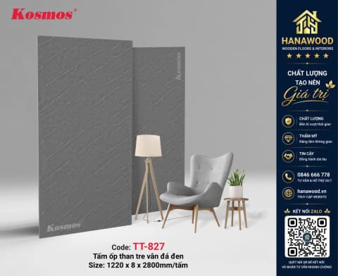 Tấm Ốp Đa Năng Sợi Than Tre Kosmos TT-827 Vân Đá Đen chống bám bụi