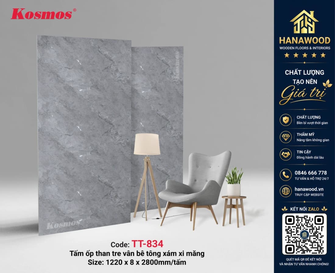 Tấm Ốp Sợi Than Tre Kosmos TT-834 Vân Bê Tông Xám hiện đại mộc mạc