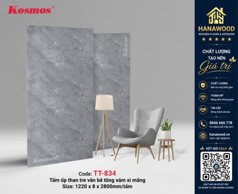 Tấm Ốp Sợi Than Tre Kosmos TT-834 Vân Bê Tông Xám hiện đại mộc mạc