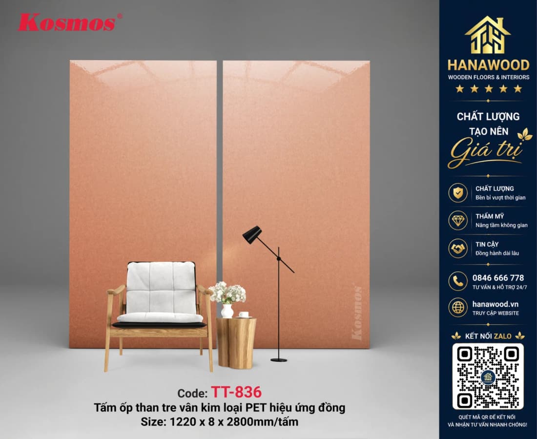 Tấm Ốp Sợi Than Tre Kosmos TT-836 Vân Kim Loại PET Xước Đỏ Hồng nổi bật