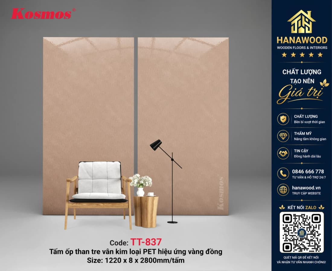 Tấm Ốp Tường Than Tre Kosmos TT-837 Vân Kim Loại PET Xước Vàng Đồng