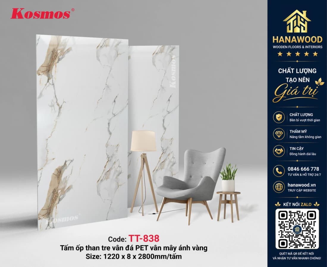 Tấm Than Tre Ốp Tường Kosmos TT-838 Vân Đá PET bóng mịn cao cấp