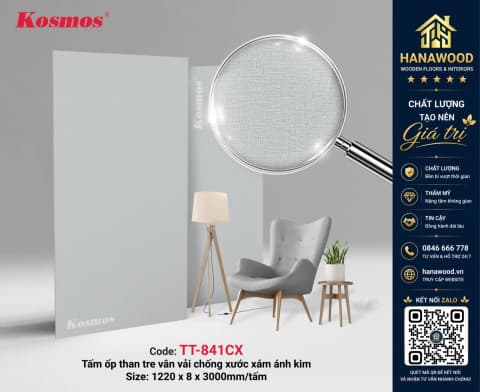Tấm Ốp Than Tre Kosmos TT-841CX Vân Vải Xám Ánh Kim ấm cúng nhẹ nhàng