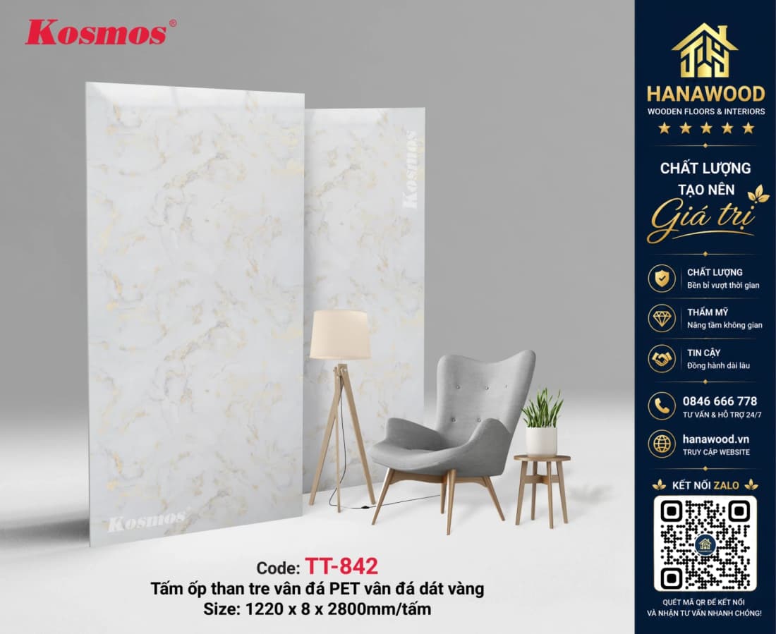 Ốp Tường Than Tre Kosmos TT-842 Vân Đá PET Dát Vàng sang trọng quý phái
