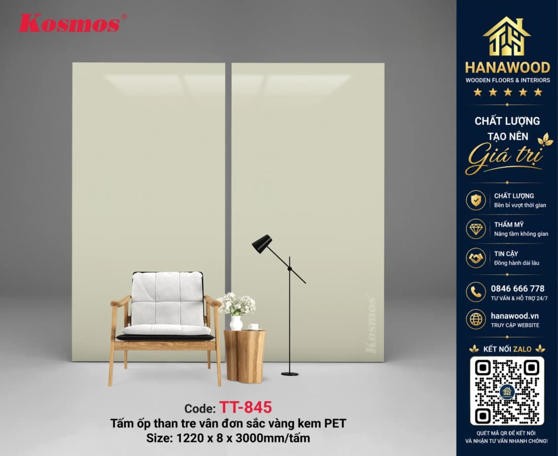 Tấm Ốp Than Tre Vàng Kem PET Kosmos TT-845