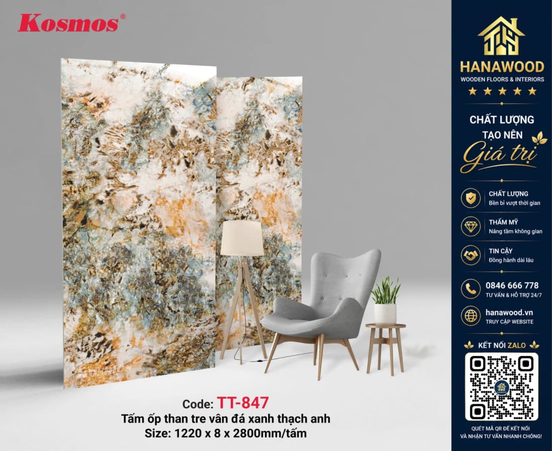 Tấm Ốp Than Tre Kosmos TT-847 Vân Đá PET Cẩm Thạch tự nhiên