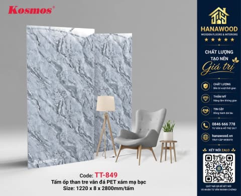 Tấm Ốp Than Tre Kosmos TT-849 Vân Đá PET Cẩm Thạch Dát Bạc lấp lánh