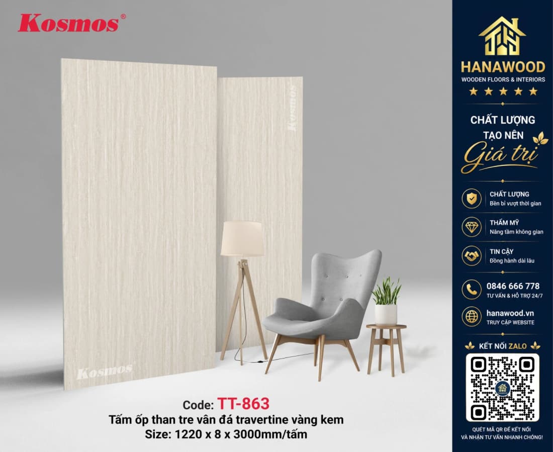 Tấm Than Tre Kosmos TT-863 Vân Đá Travertine Vàng Kem tự nhiên