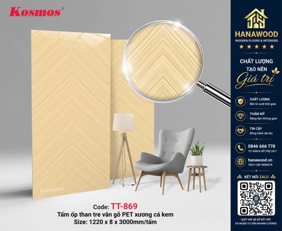 Tấm Than Tre Kosmos TT-869 Vân Gỗ Xương Cá Vàng Kem PET ấm cúng