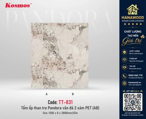 Tấm Ốp Tường Sợi Than Tre Pandora Vân Đá PET Kosmos TT-831 tấm AB ghép vân tinh tế