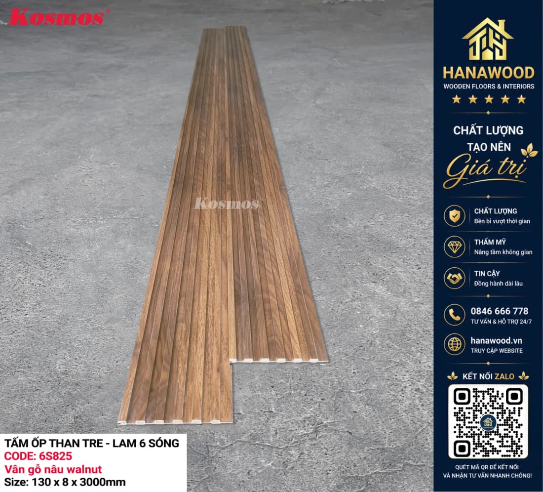 Tấm Ốp Than Tre Lam Sóng Kosmos 6S825 Vân Gỗ Nâu Walnut chống mối mọt