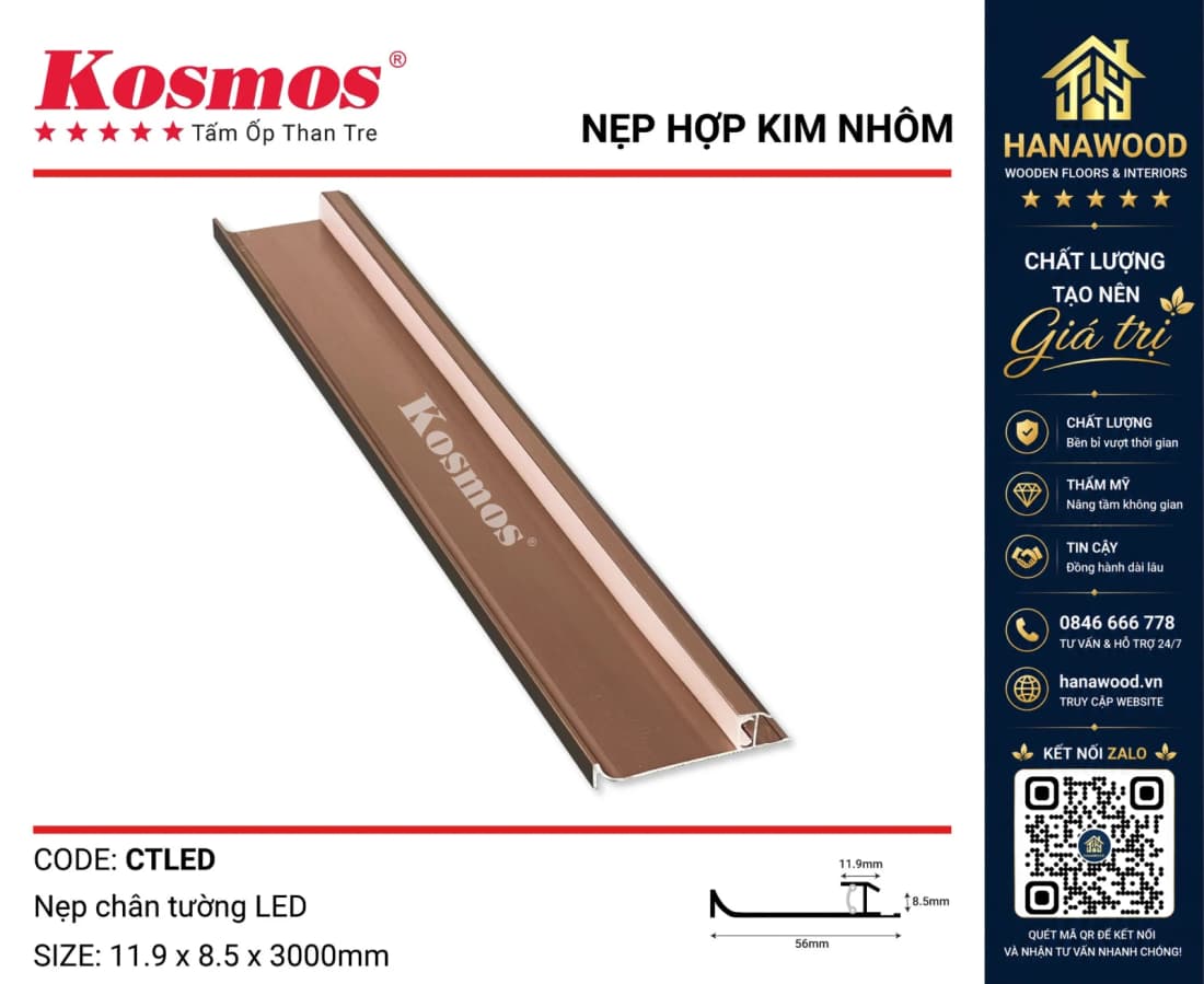 Nẹp Chân Tường LED Kosmos CTLED Sâm Panh hợp kim nhôm sang trọng che khe chân tường