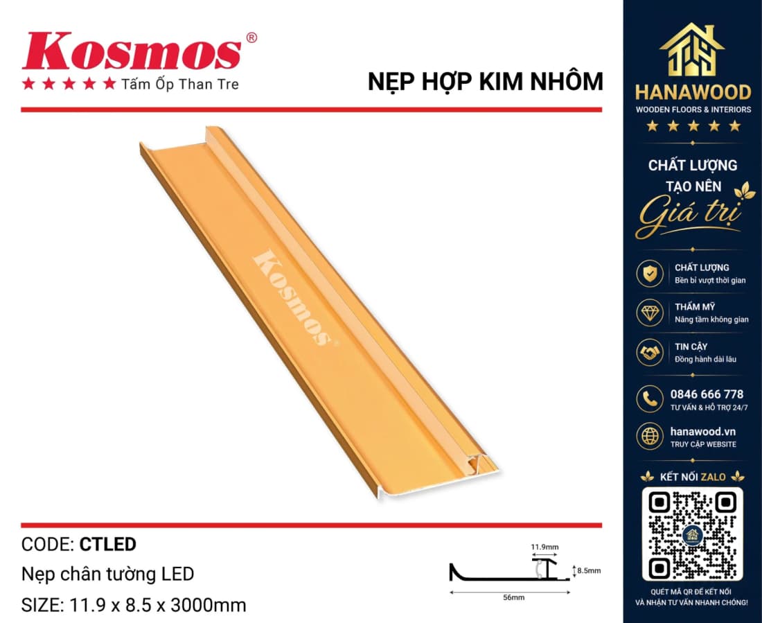 Nẹp Chân Tường LED Kosmos CTLED Vàng bề mặt bóng mịn chống ăn mòn hiệu quả