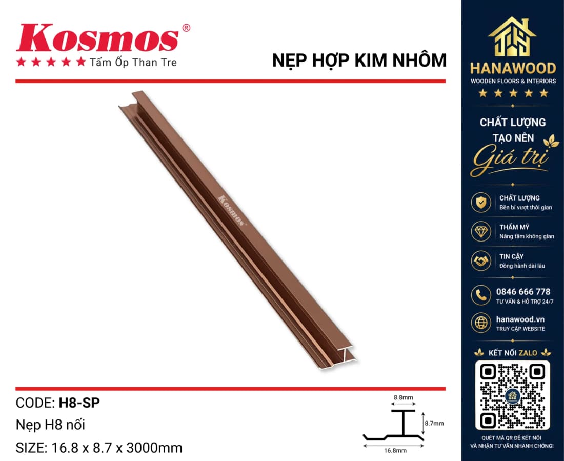 Nẹp H Rãnh Nối Tấm Ốp Than Tre Kosmos H8 Sâm Panh màu sắc tinh tế chống trầy