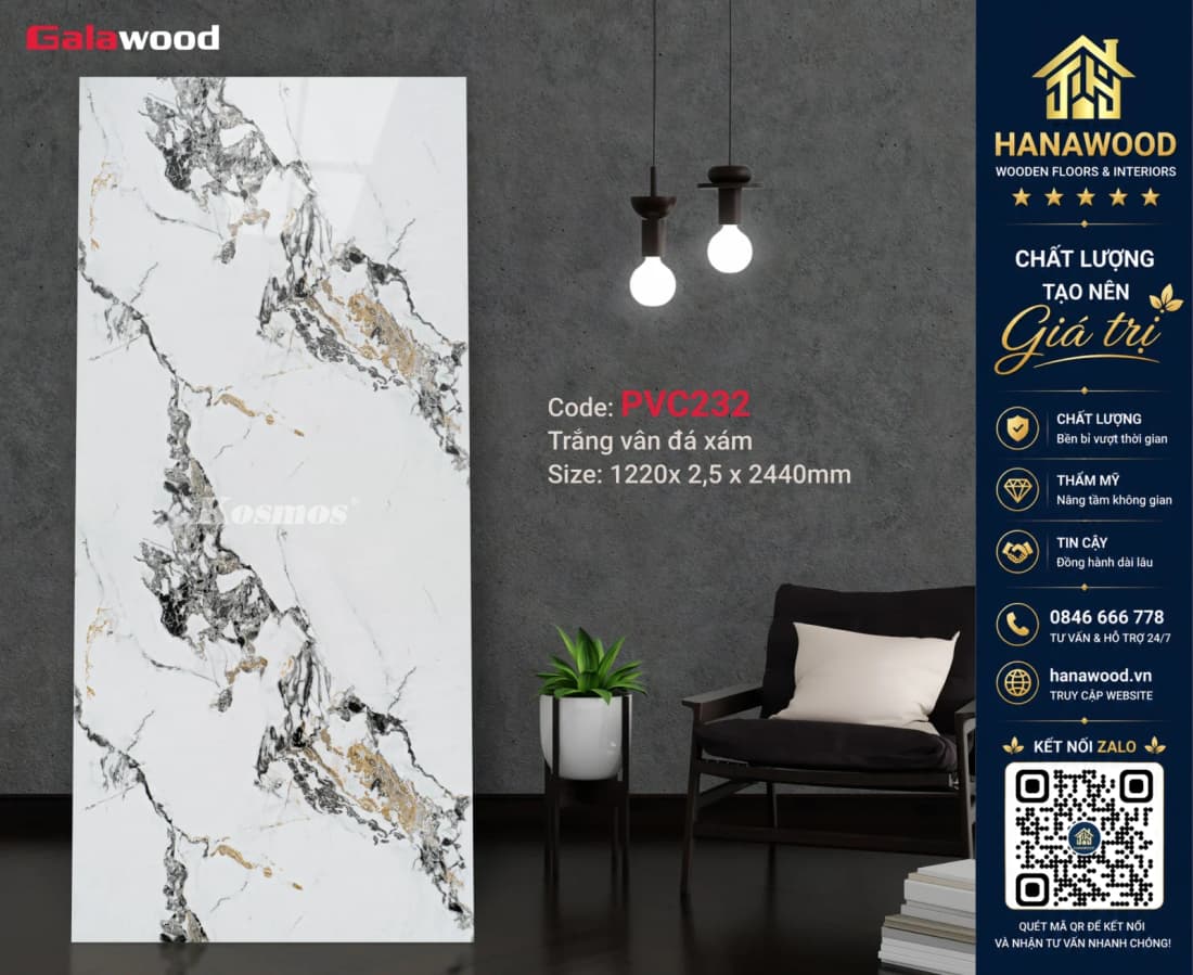 Tấm Nhựa Ốp Tường PVC Giả Đá Galawood PVC232 bề mặt phủ bóng PET cao cấp
