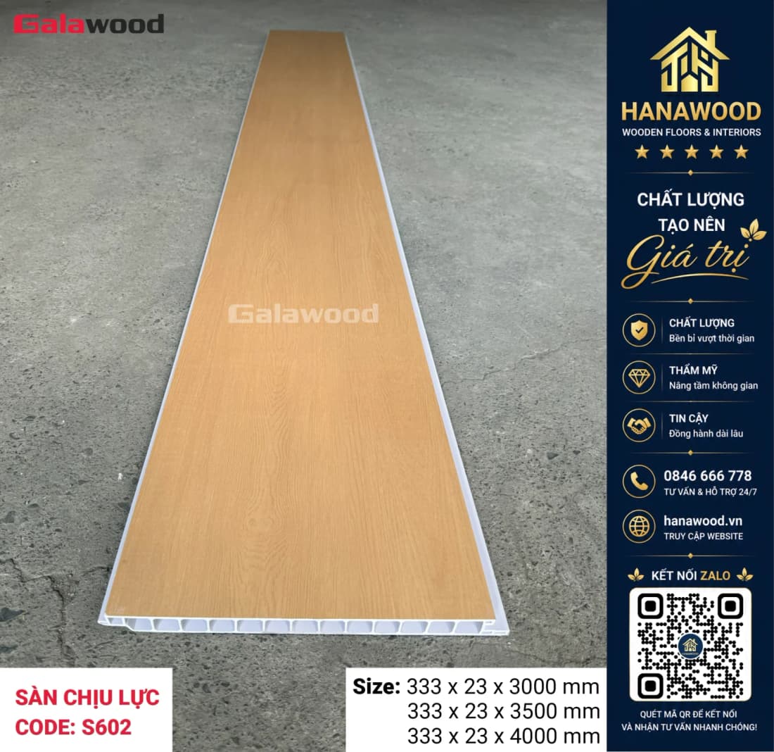 Sàn Nhựa Chịu Lực Galawood S602X4M lót gác lửng vân gỗ sáng chịu tải trọng cao