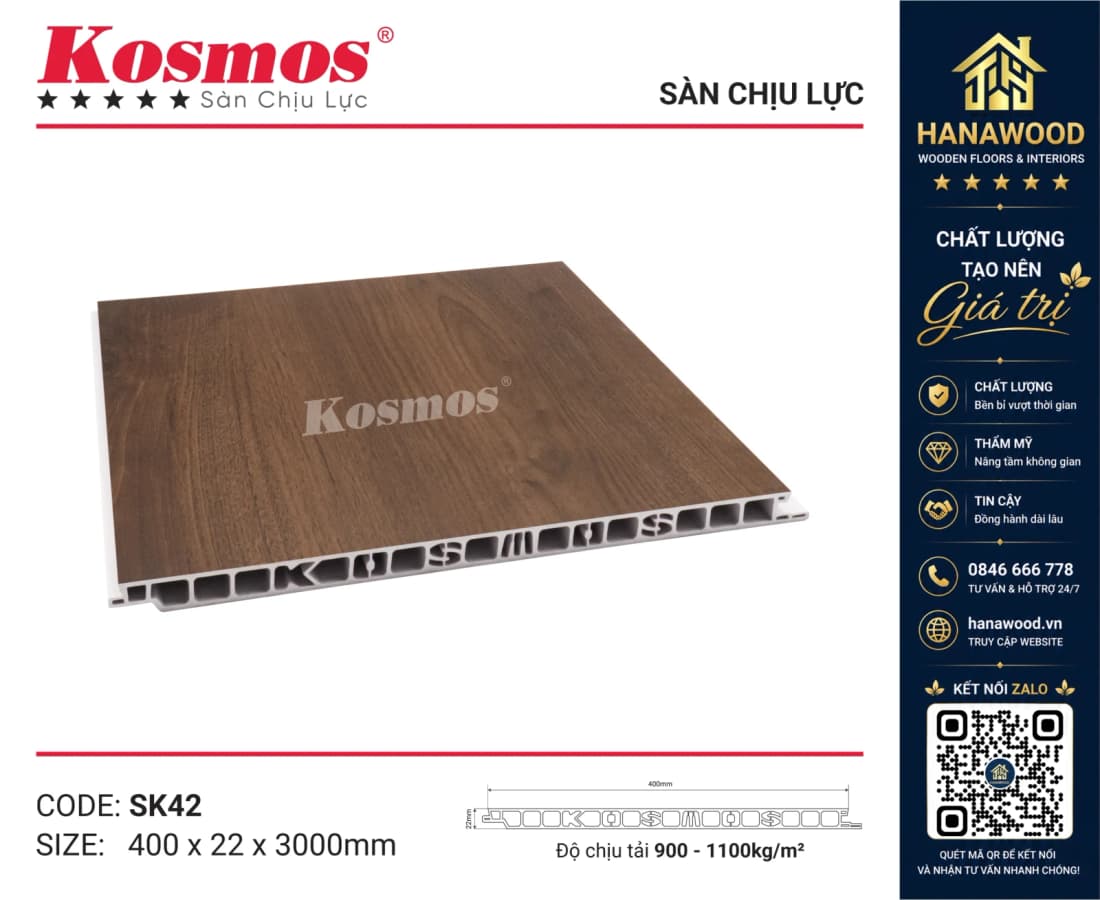 Sàn Nhựa Chịu Lực Giả Vân Gỗ Kosmos SK42X3M màu xám hiện đại cho nhà gác