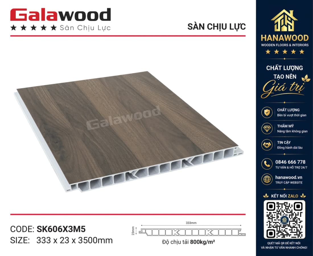 Sàn Chịu Lực Nhựa PVC Giả Gỗ Galawood SK606X3M5 vân kem sáng sạch đẹp