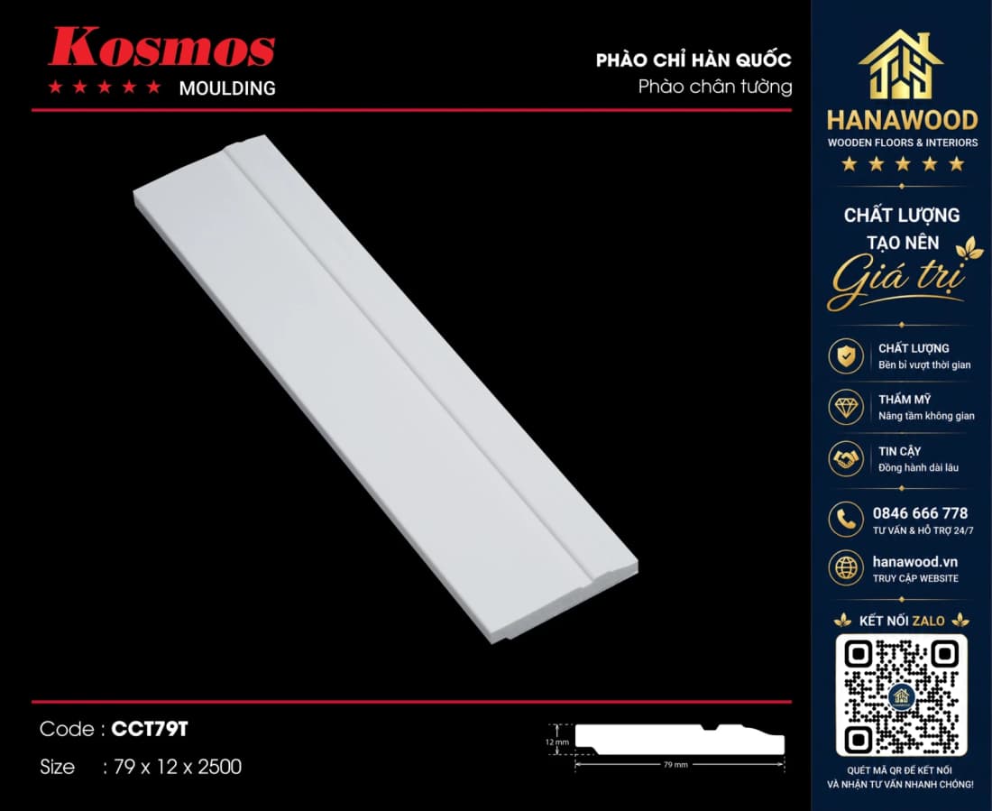 Phào Chân Tường Kosmos CCT79T bề mặt vân gỗ tự nhiên chống mối mọt