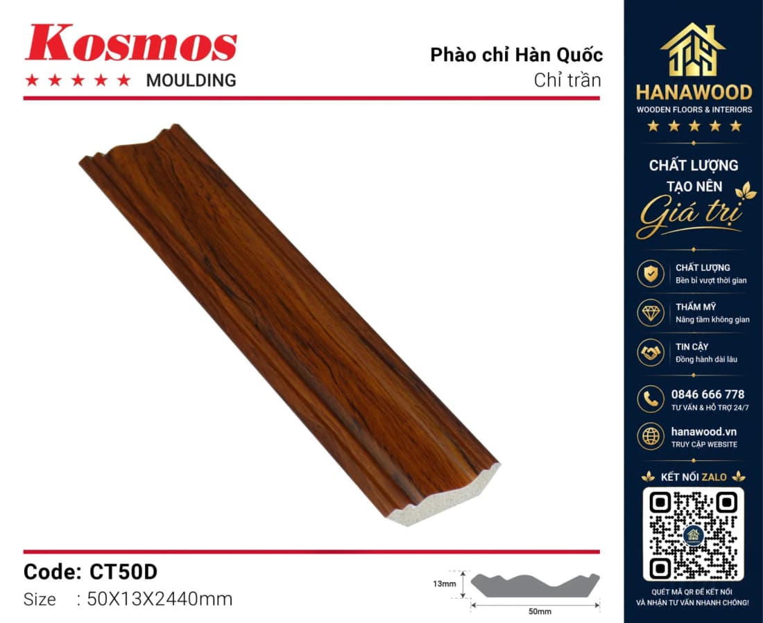 Phào Cổ Trần Kosmos CT50D màu gỗ đậm che khe hở tiếp giáp trần tường