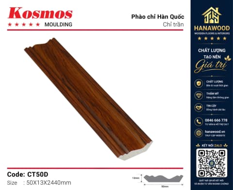 Phào Cổ Trần Kosmos CT50D màu gỗ đậm che khe hở tiếp giáp trần tường