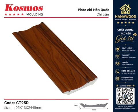 Phào Cổ Trần Kosmos CT95D màu gỗ sẫm chống cong vênh mối mọt tuyệt đối