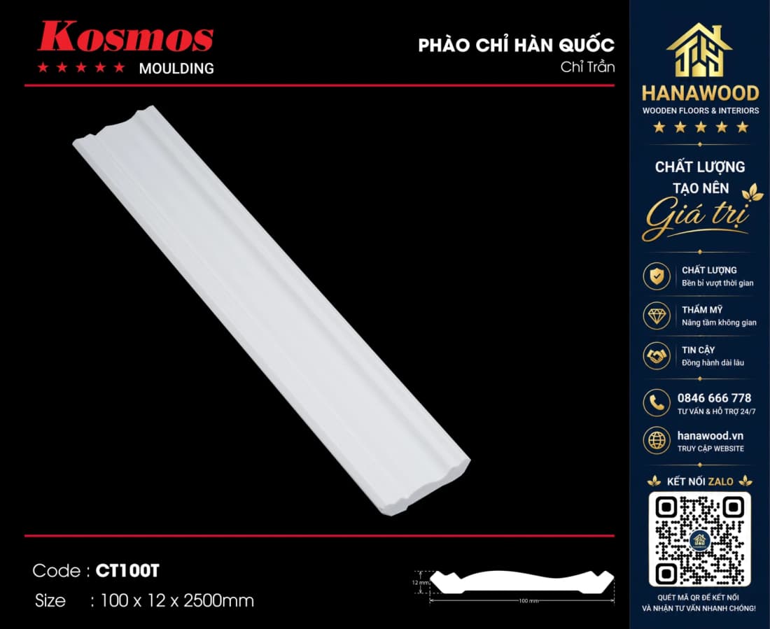 Phào Cổ Trần Kosmos CT100T tông màu trắng sáng phong cách hiện đại
