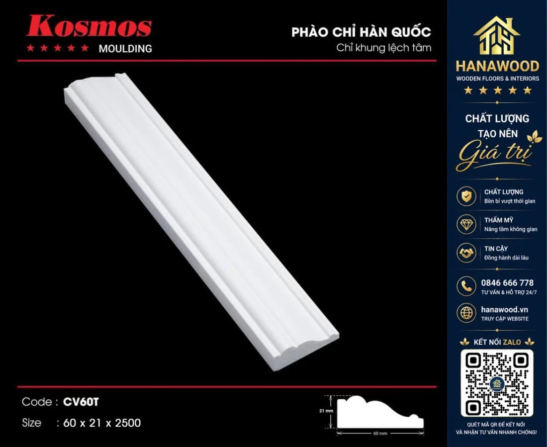 Chỉ Khung Lệch Tâm Kosmos CV60T màu trắng trơn nẹp viền tường tối giản