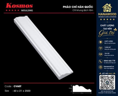 Chỉ Khung Lệch Tâm Kosmos CV60T màu trắng trơn nẹp viền tường tối giản