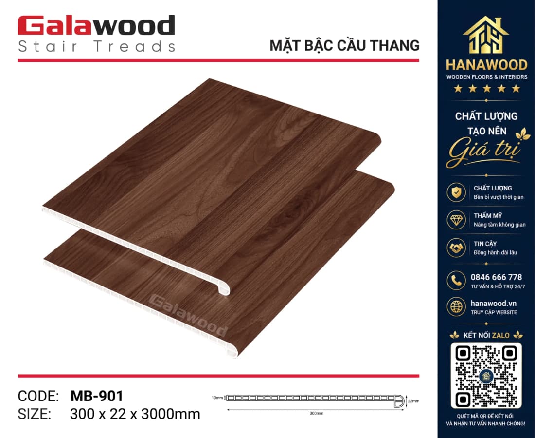Mặt Bậc Cầu Thang Nhựa Giả Gỗ Galawood MB-901 chịu lực cao chống trơn trượt