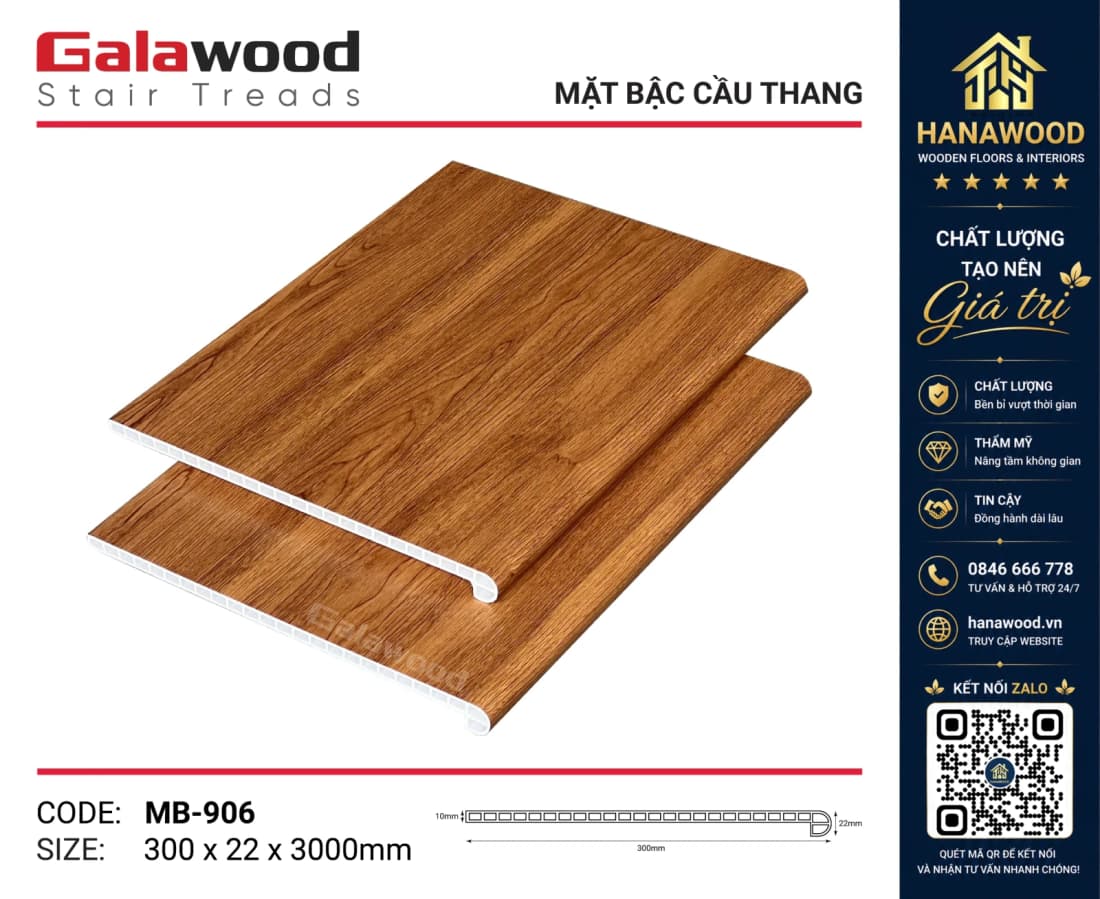 Mặt Bậc Cầu Thang Nhựa PVC Vân Gỗ Galawood MB-906 màu nâu tự nhiên bám chân tốt