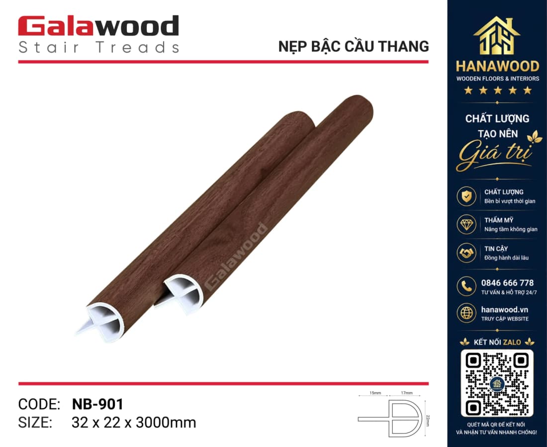 Nẹp Bậc Cầu Thang Nhựa Giả Gỗ Galawood NB-901 bo viền mũi bậc bảo vệ an toàn