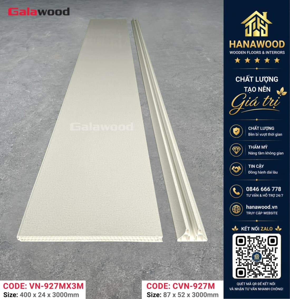 Chân Vách Ngăn Nhựa PVC Galawood CVN-927MX3M Vân Trắng Kem chốt chân chắc chắn