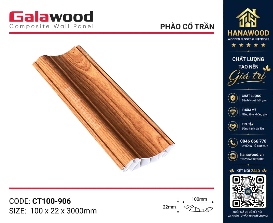 Phào Cổ Trần CT100x22 Nhựa Giả Gỗ Galawood CT100-906 chống mối mọt