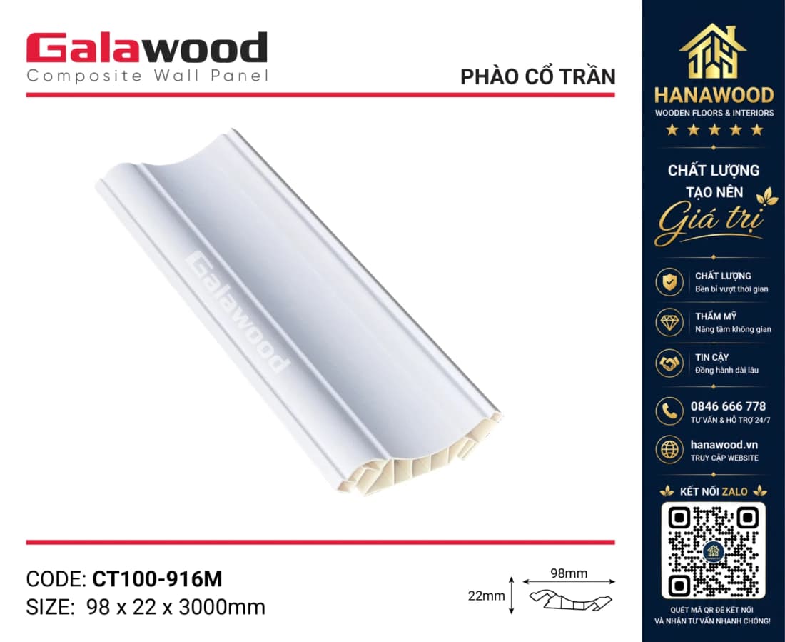 Phào Cổ Trần Nhựa Màu Trắng Trơn Galawood CT100-916M thi công lắp đặt nhanh