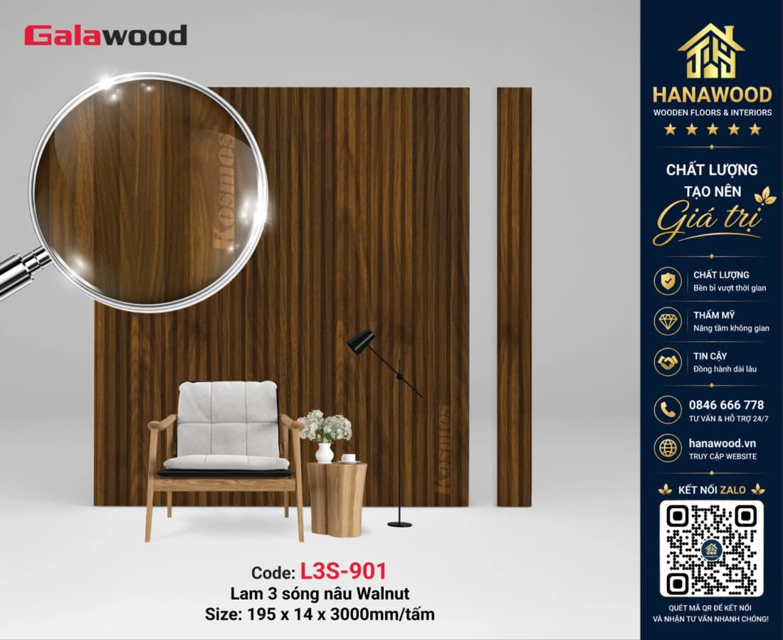 Tấm Nhựa Ốp Tường Lam Sóng Giả Gỗ Galawood L3S-901 tông ấm áp sang trọng