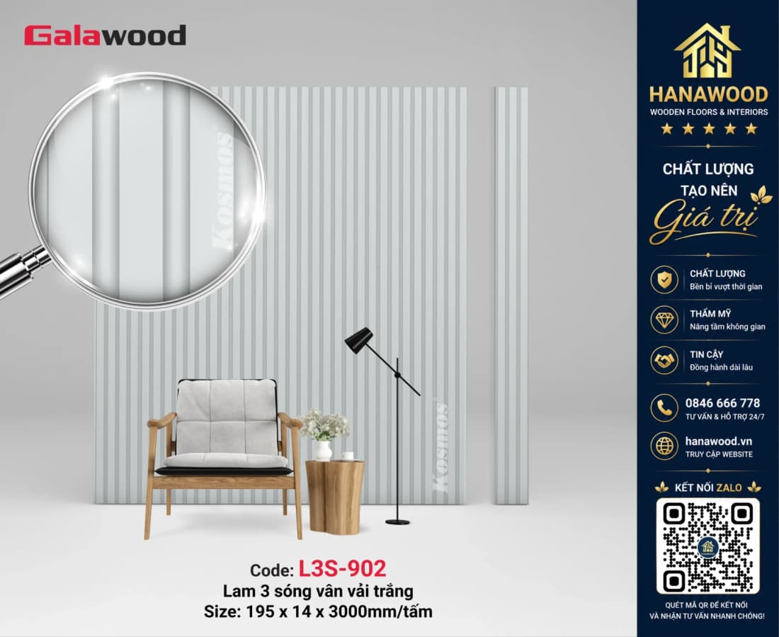 Tấm Nhựa Ốp Trần Lam Sóng Trắng Trơn Galawood L3S-902 tinh tế hiện đại