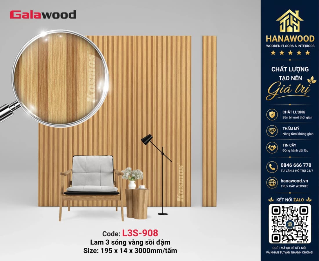 Lam Sóng Nhựa Ốp Trần Giả Vân Vải Galawood L3S-904 nhẹ bền cách âm tốt
