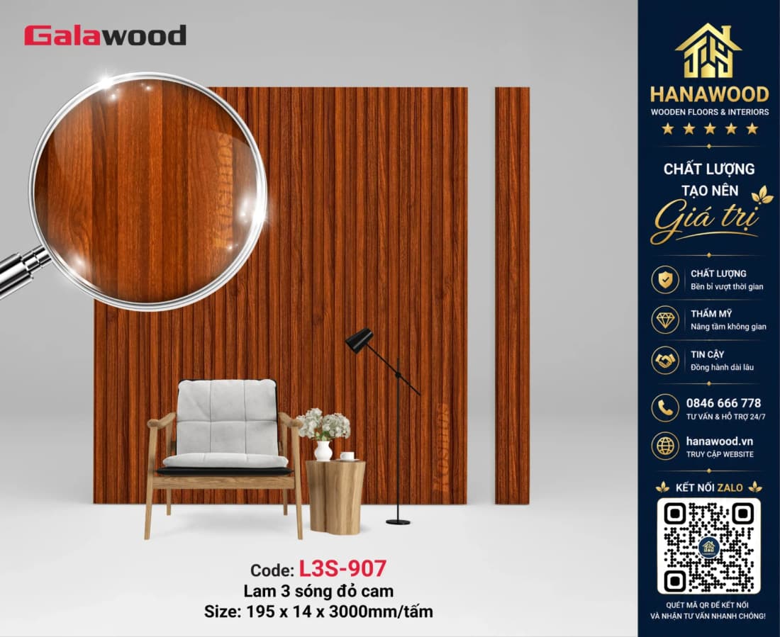 Nhựa Lam Sóng Giả Gỗ Ốp Trần Galawood L3S-908 hèm khóa khít dễ lắp đặt