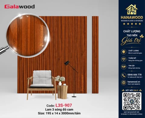 Nhựa Lam Sóng Giả Gỗ Ốp Trần Galawood L3S-908 hèm khóa khít dễ lắp đặt
