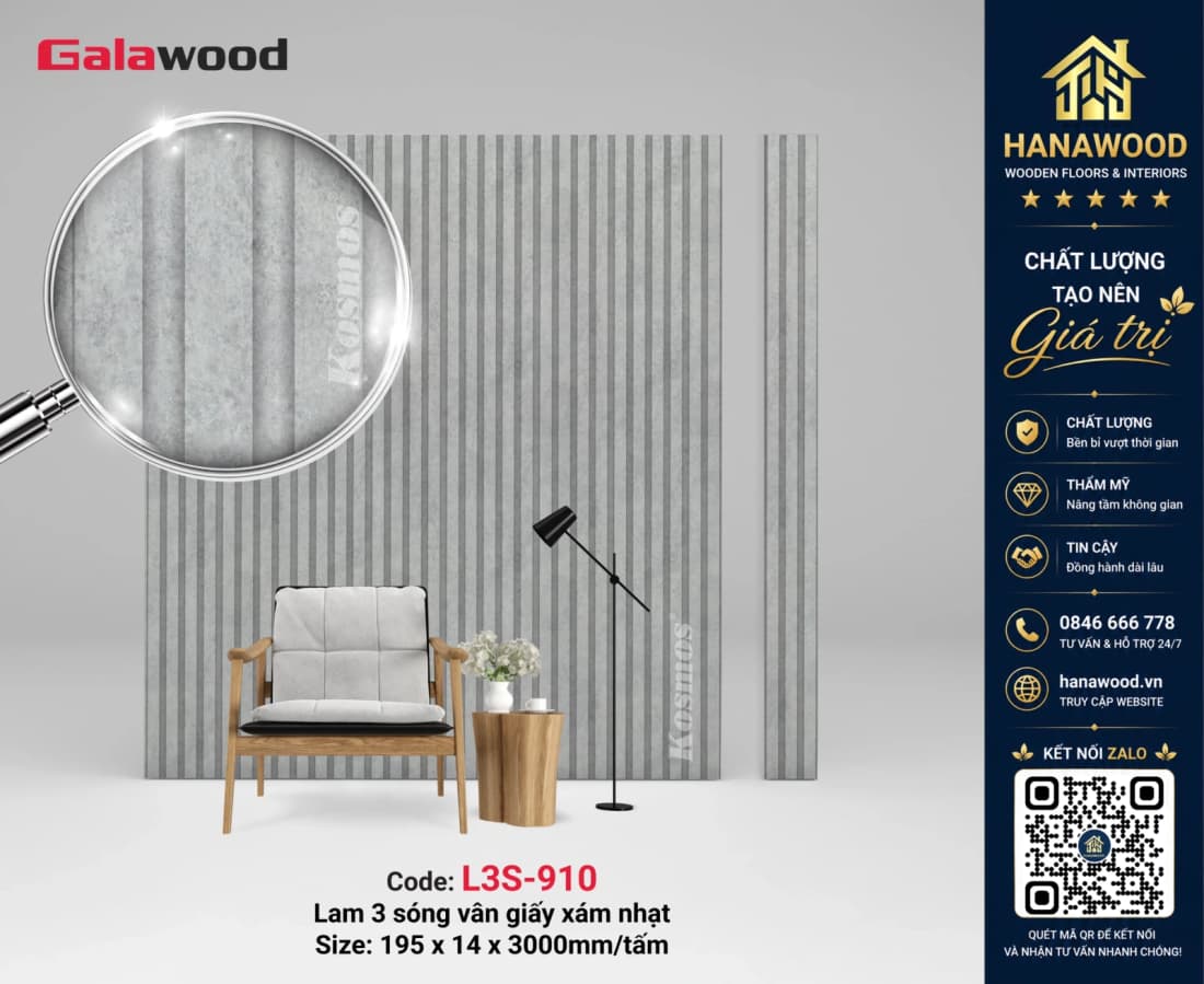 Tấm Nhựa Lam 3 Sóng Thấp Galawood Xám Ghi L3S-910 hiện đại tối giản