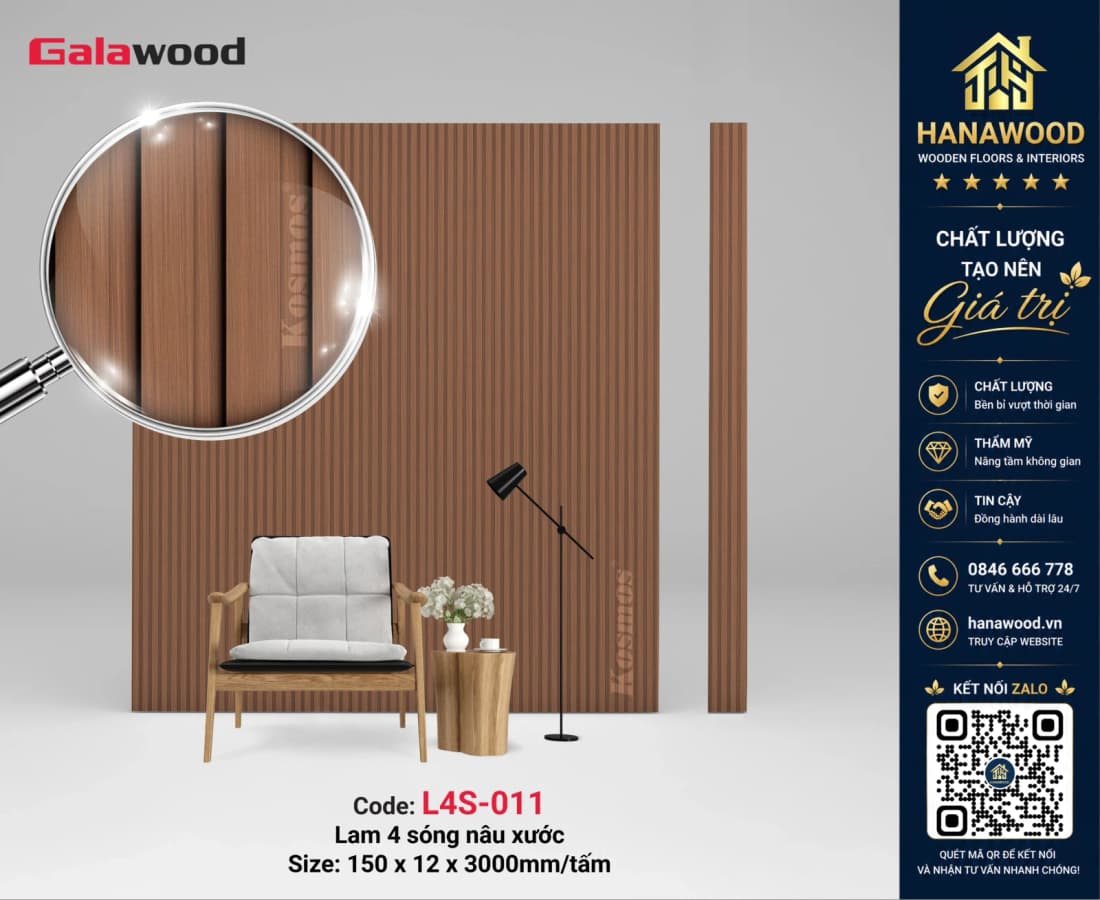 Tấm Nhựa Ốp Tường Lam Sóng Giả Gỗ Galawood L4S-011 màu gỗ sồi tự nhiên