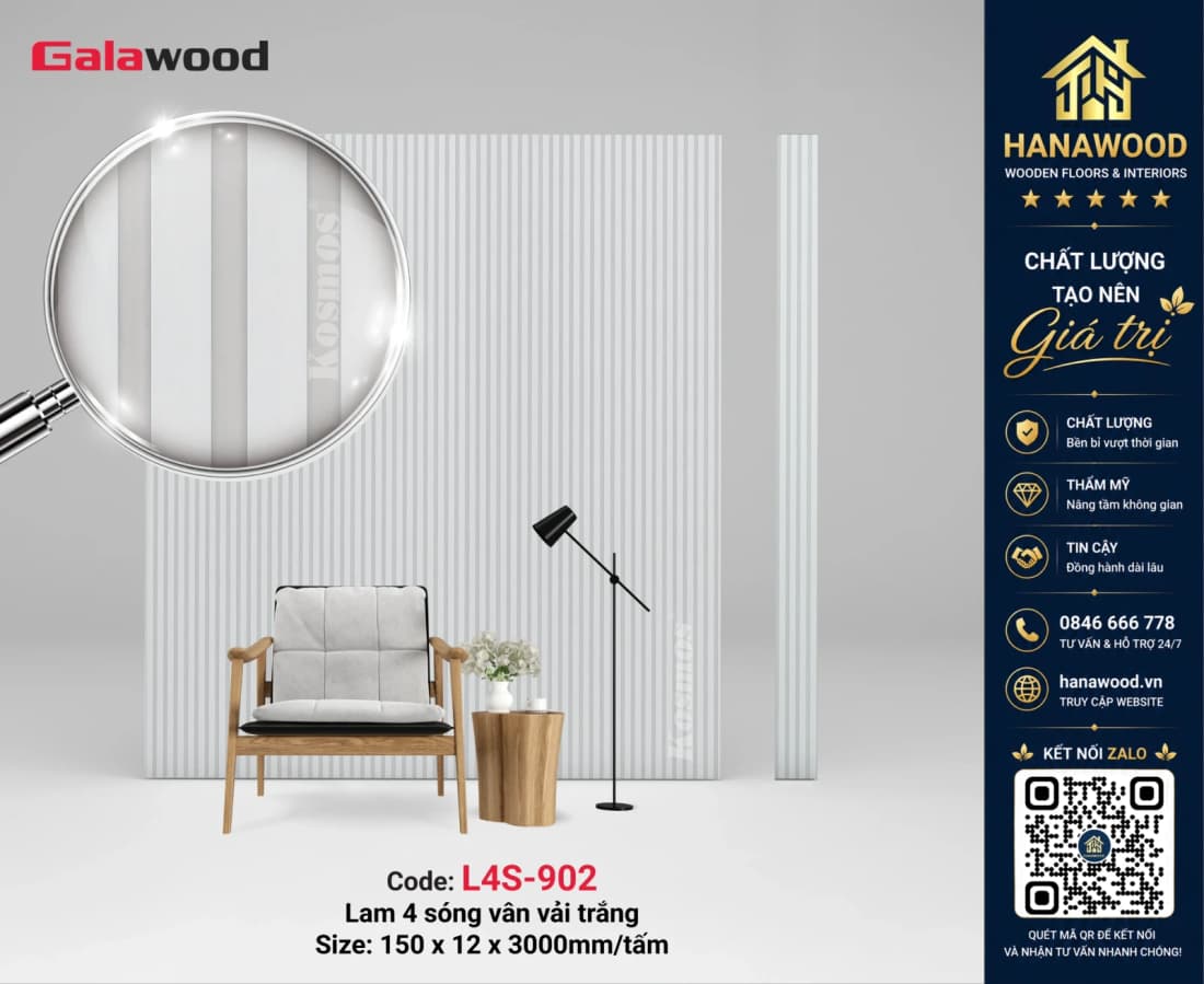 Lam 4 Sóng Nhựa Ốp Tường Galawood L4S-902 Màu Trắng sáng sạch không gian