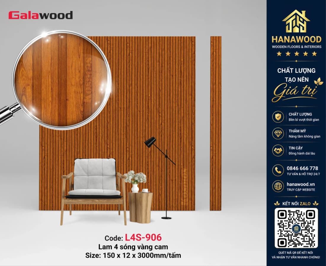 Tấm Ốp Lam Sóng Nhựa Giả Gỗ Galawood L4S-906 tông màu gỗ tự nhiên
