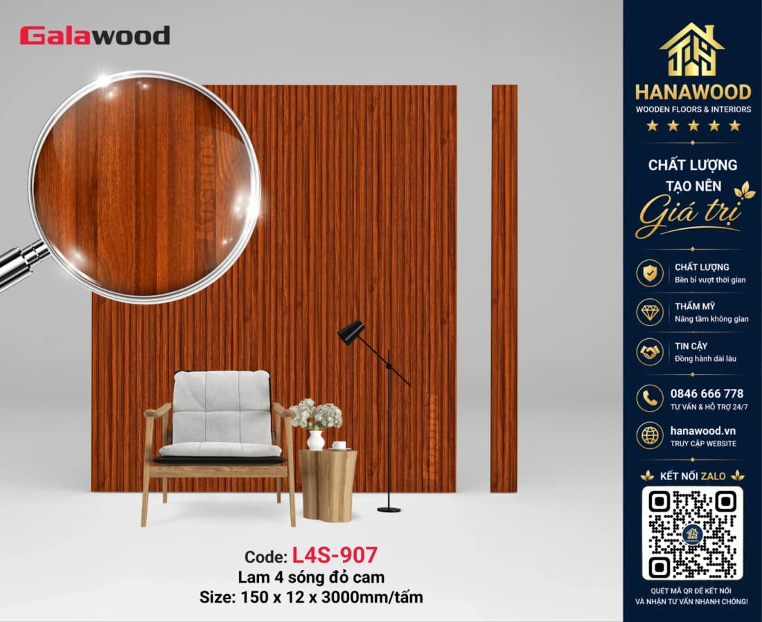 Tấm Nhựa Lam Sóng Ốp Trần Giả Gỗ Galawood L4S-907 tạo điểm nhấn vách trần