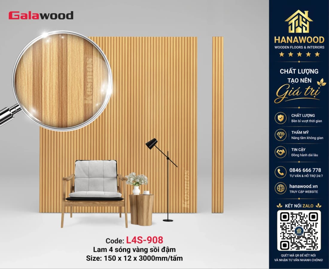 Tấm Nhựa Ốp Tường Trần Lam 4 Sóng Giả Gỗ Galawood L4S-908 bề mặt sần mịn